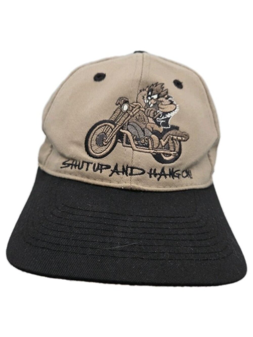 SHUT UP & HOLD ON! Looney Tunes Taz Motorcycle Embroidered Hat Vintage Snapback